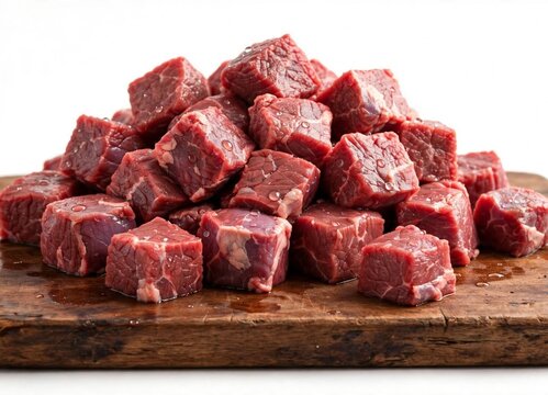 Heap of fresh raw beef cubes on a rustic wooden cutting board isolated on white