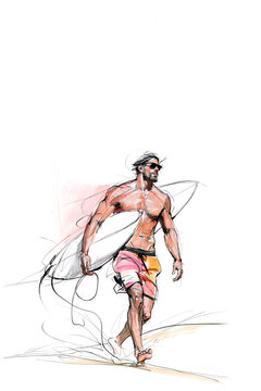 Muscular Bearded Man Walking on Sandy Beach with Surfboard, Dynamic Sketch-Style Watercolour Illustration in Warm Tones, Summer Adventure and Active Lifestyle, Copy Space, Aspect Ratio 2x3