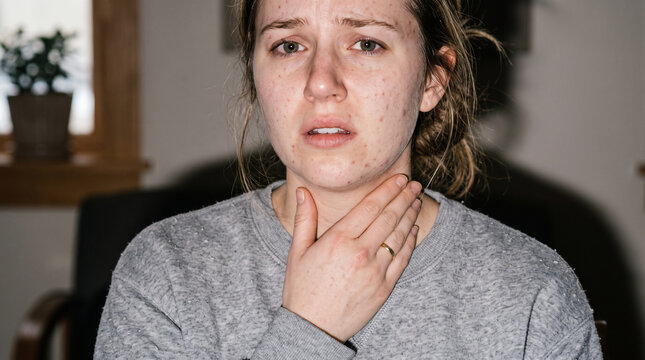 Sore Throat Distress: A woman clutches her throat, her face contorted in pain and discomfort, indicative of a severe sore throat or illness.