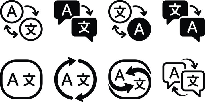 Set of language translation and interpretation icons with translation language communication interface linguistics conversion learning education dialogue internet collection interaction