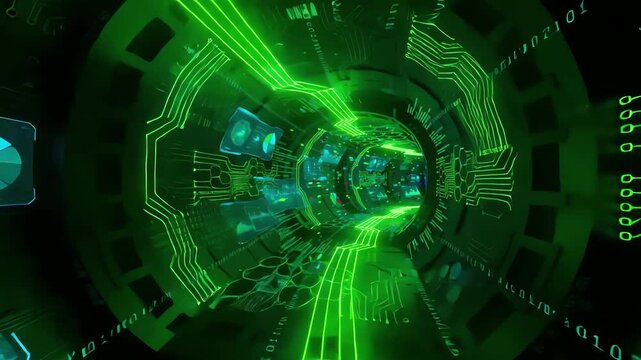 Abstract 3D green data lines flowing rapidly through a digital tunnel towards the viewer
