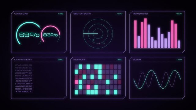 Futuristic digital interface displaying real time data analytics with graphs and charts in a dark theme