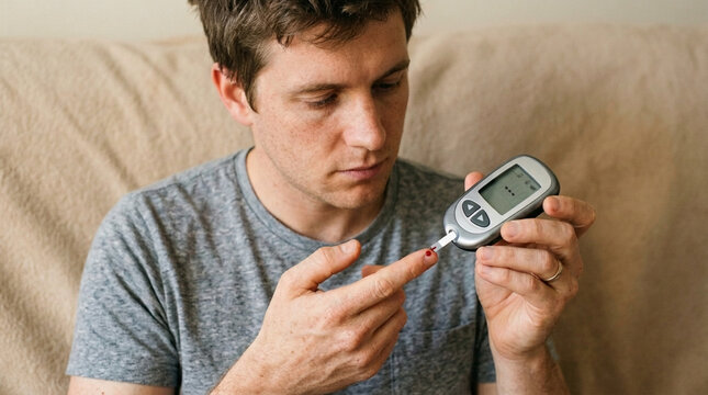 Man checking blood glucose level with a glucometer diabetes monitoring at home