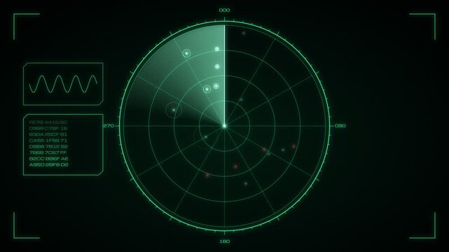 Digital radar screen displays multiple targets and data in a dark futuristic interface
