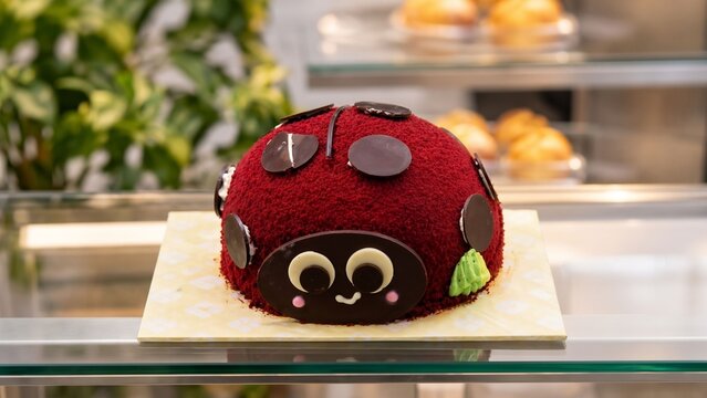 Cute red ladybug shaped cake with chocolate spots and a smiling face displayed on a glass shelf in a bakery. Perfect for kids birthday parties and sweet celebrations.