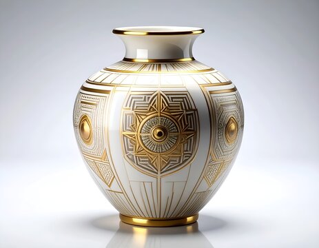 White Ceramic Vase Combining Ancient Civilization Motifs with Futuristic Gold Design