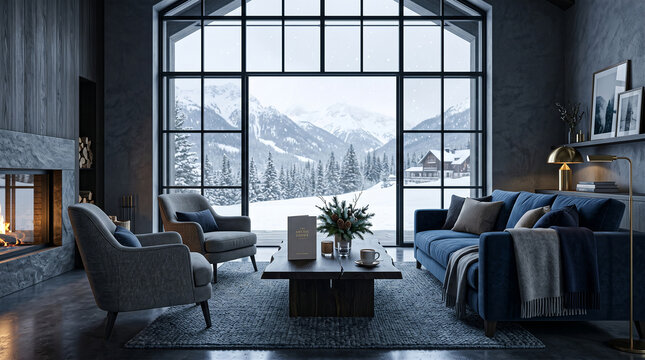 Modern winter living room interior with snowy mountain view for