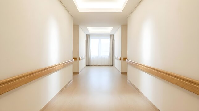 Bright nursing home corridor with handrails and soft lighting