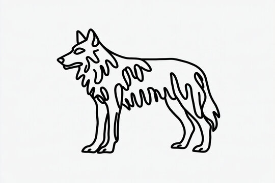 Wolf line drawing standing in profile with bold outline and flowing fur detail