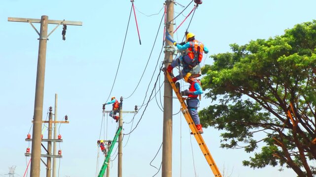 Electrical workers are carrying out network maintenance and meggering their 1-phase transformers wearing complete PPE uniforms.