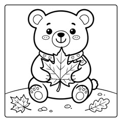 Adorable teddy bear holding a maple leaf in autumn setting with coloring book stuffed animal line art black and white bear cub illustration seasonal children woodland artistic creative © MdNaim