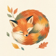 Fototapeta premium Watercolor illustration of a sleeping curled orange fox surrounded by leaves