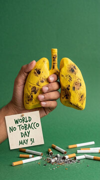 Hand holding yellow lung model with cigarettes and World No Tobacco Day May 31 note
