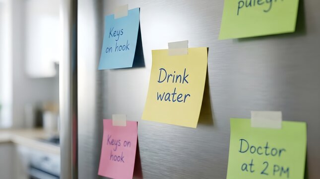 Sticky note reminders on refrigerator for memory loss support