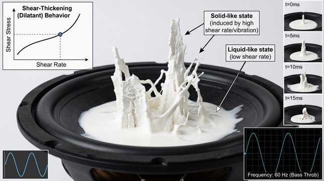 Non newtonian fluid experiment on speaker showing shear thickening and dilatant behavior.