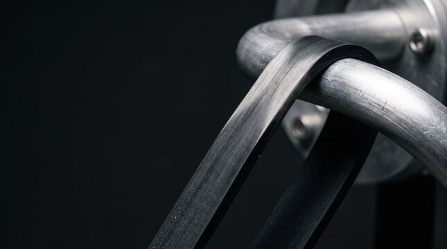 Strong carbon fiber composite material bending around shiny metal pipe structure design.