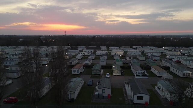 Aerial view of a caravan park at twilight
