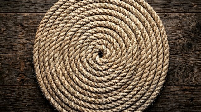 Colorful twisted rope coiled on a dark wooden background