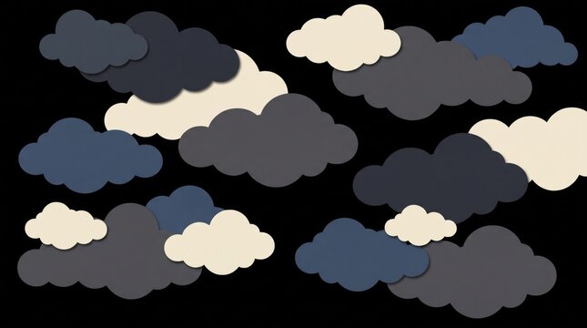 Seamless Pattern of Flat Cartoon Fluffy Clouds in Grey and Beige on Black Background