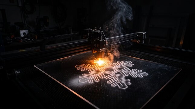 Laser engraving machine cutting snowflake pattern on acrylic sheet in workshop setting.