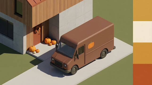 Isometric 3d render of delivery van outside modern house with autumn pumpkin decor
