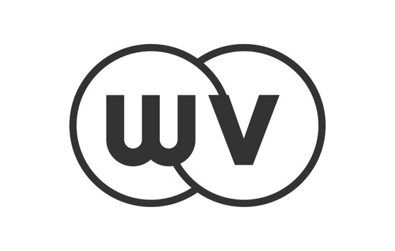 WV business company emblem with outline rounds and letters w v. Logo template of two merged circles for brand identity, logotype. Vector Infinity symbol
