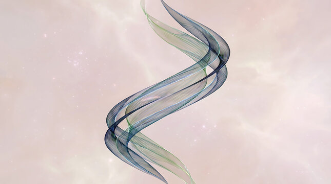 Translucent blue and green double helix structure floating against a soft, misty white background, with subtle light particles