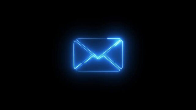 Glowing blue neon envelope mail icon for email communication, message inbox, contact us page, newsletter subscription