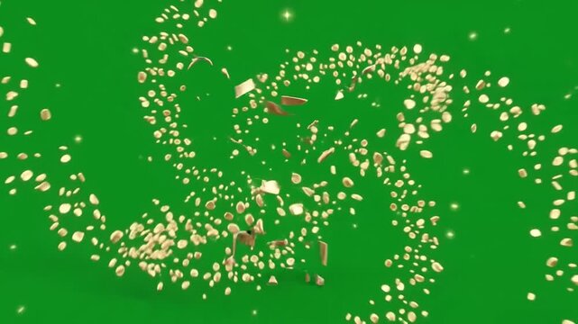 Golden trophy goblet floating on chroma key green screen with magical glitter particle spiral light ray for victory celebration award