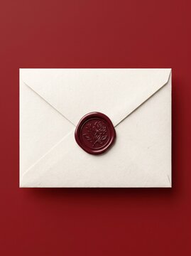 Cream envelope with decorative wax rose seal on dark red background