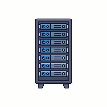Server rack with multiple hard drives and blinking lights.