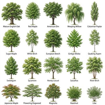 Tree species collection with various types of deciduous trees and shrubs labeled with their common names