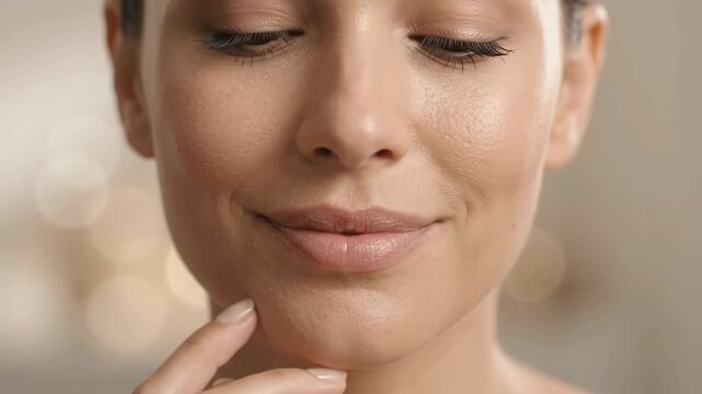 Close Up of a Woman's Face: Gentle Touch, Soft Smile, Radiant Skin, Beauty and Wellness