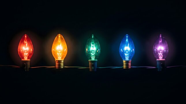 A string of five colorful christmas light bulbs glowing in red, orange, green, blue, and purple against a dark black background, creating a festive holiday atmosphere