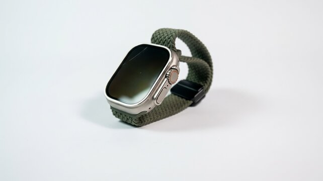 Modern smartwatch with green fabric strap isolated on a white background.
