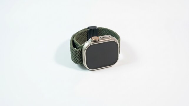 Modern digital smartwatch with green fabric strap isolated on a white background.