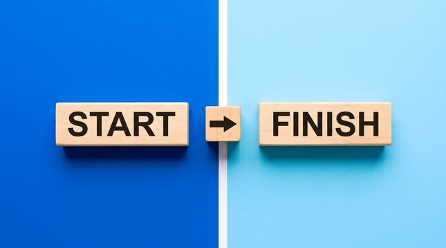 Wooden blocks with the words start and finish and an arrow symbol in between, representing progress, journey, goal achievement, and moving forward on a blue background
