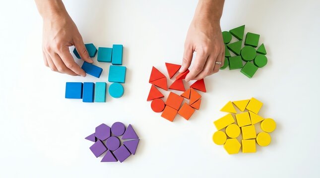 Hands organizing various colorful wooden geometric shapes into groups on a white background representing logic and data classification concepts