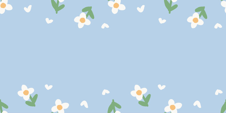 Invitation card banner backdrop template with hand drawn white daisy flower top bottom borders on pastel blue
