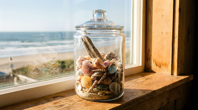 Seashells in a glass jar sit on a windowsill overlooking a beautiful ocean view