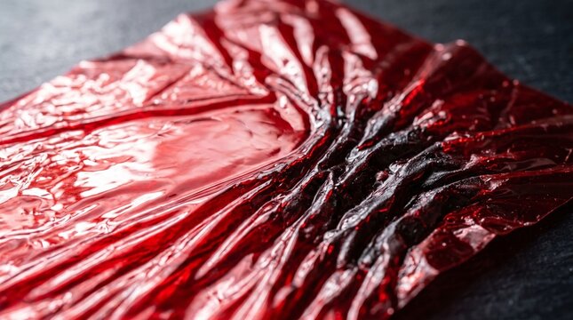 Shiny red wrapping paper material with crinkled texture for festive holiday gift background.