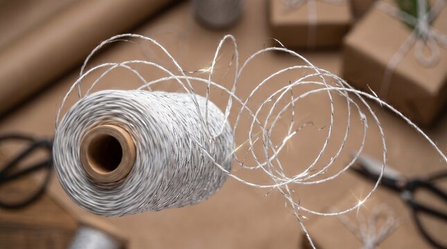 Silver twine roll with loose threads on craft paper background for gift wrapping.