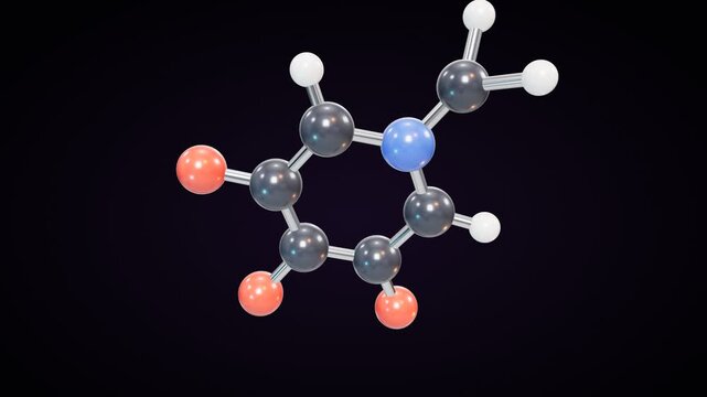 3D molecular model animation showing the transformation of a chemical compound with carbon hydrogen nitrogen and oxygen atoms