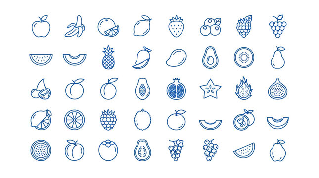 Collection of various fruit icons in a clean, modern outline style with blue accents.
