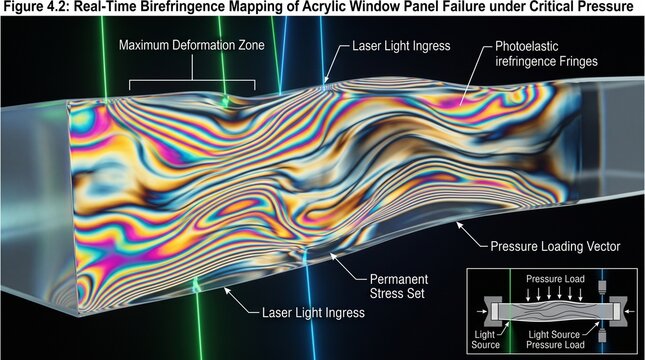 Acrylic window panel under critical pressure displays stress using photoelastic fringes art.