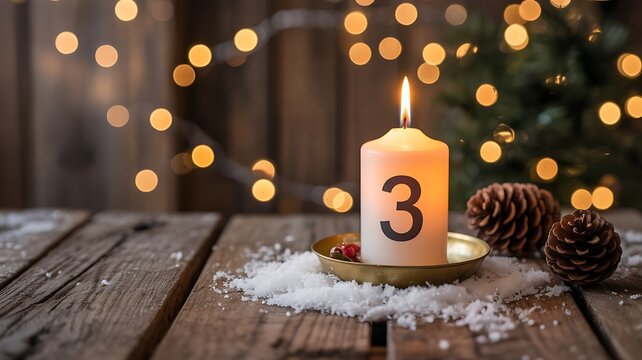 Christmas advent candle with number three surrounded by festive pine cones