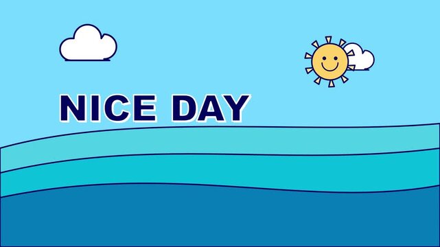 Animated sunny day vector background with ocean waves and smiling sun