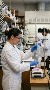 Female Scientist Conducting Chemical Experiment in Laboratory Holding Burette Over Flask