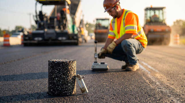 Construction worker testing asphalt density with a nuclear gauge on a road paving project site