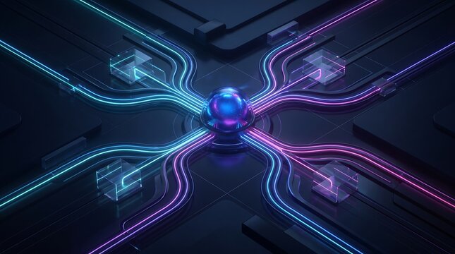 A glowing spherical object is centered within a network of illuminated pathways and geometric structures artificialintelligence circuitry connectivity datanetwork digital
